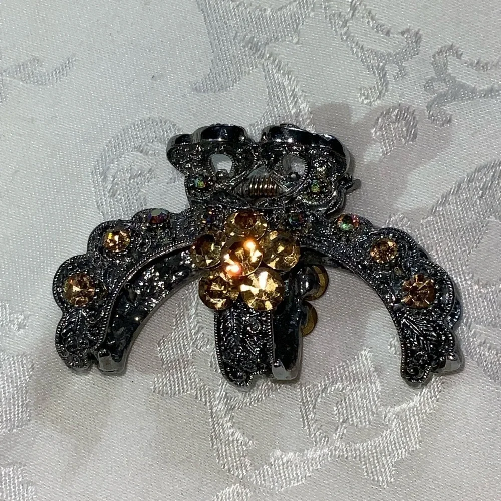 Silver Ornate Golden Yellow Bejeweled Heavy Spring Sparkly 3” Hair Clip